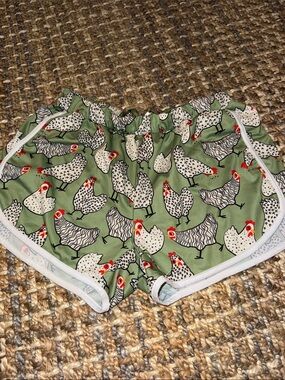 Green Chicken-Print Athletic Shorts with White Trim